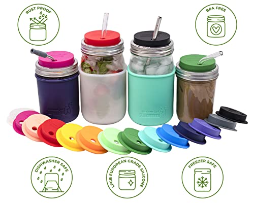 Mason Jar Lifestyle Berry Pink 2 Pack Wide Mouth Silicone Straw Hole Tumbler and Fermentation Lids with Stainless Steel
