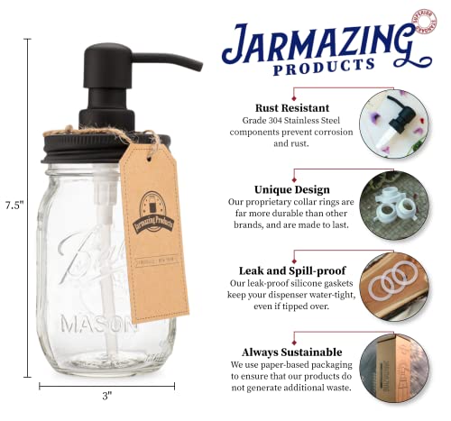 Jarmazing Products Black 16 oz Ball Mason Jar Liquid Soap Dispenser for Kitchen & Bathroom - Rust Proof Stainless Steel