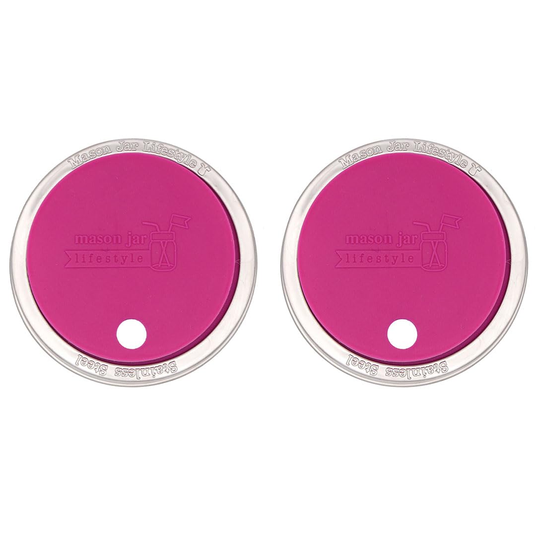 Mason Jar Lifestyle Berry Pink 2 Pack Wide Mouth Silicone Straw Hole Tumbler and Fermentation Lids with Stainless Steel