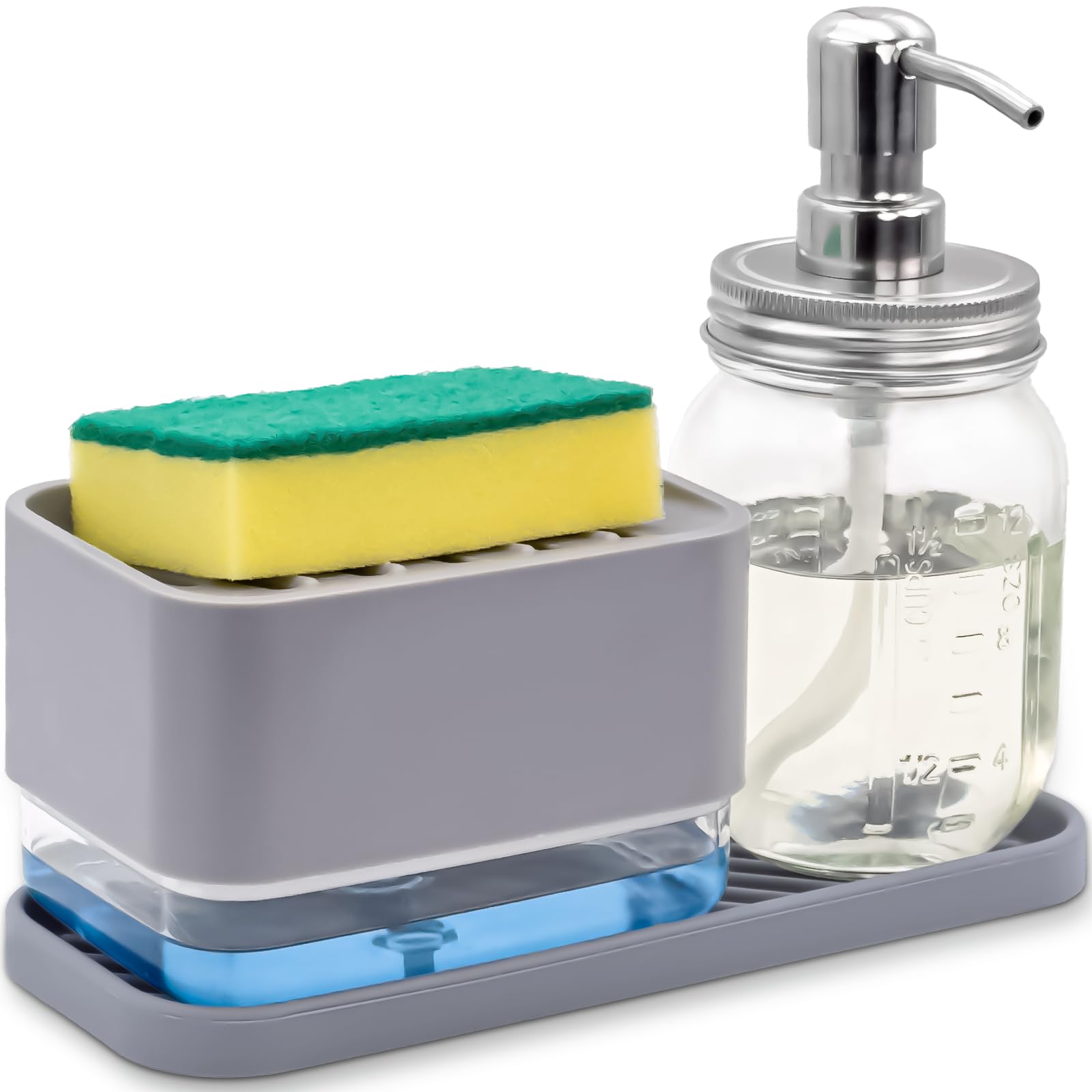 Gray Hand and Dish Soap Dispenser Set with Sponge Holder for Kitchen Countertop Storage