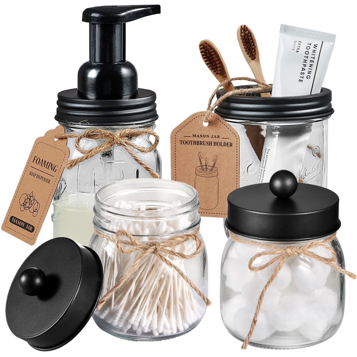 Amolliar Black Mason Jar Bathroom Accessories Set - Foaming Soap Dispenser & 2 Qtip Holders & Toothbrush Holder - Rustic